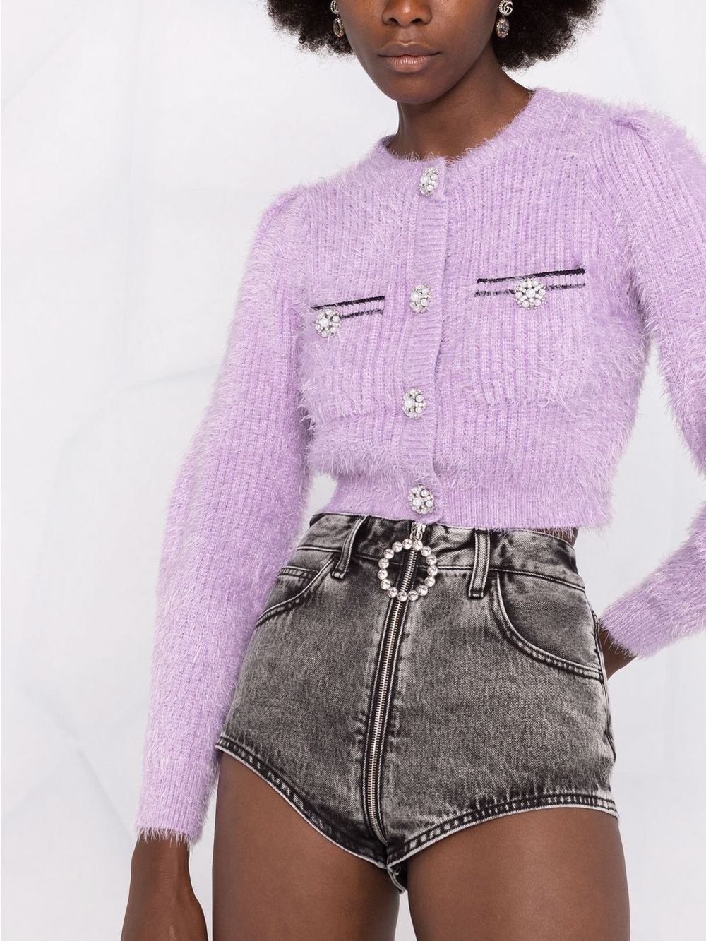 Self-Portrait Lilac Fuzzy Cropped Cardigan with Jewel Buttons